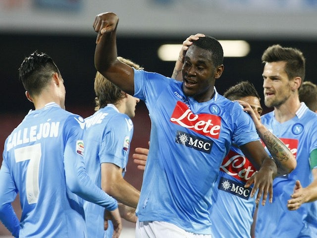 Napoli's Colombian forward Duvan Zapata celebrates after scoring during the Italian Serie A football match between SSC Napoli and Hellas Verona FC in San Paolo Stadium on May 18, 2014