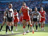 Kevin Larroyer of Hull Kingston Rovers celebrates scoring a first half try during the Super League match between Hull Kington Rovers and Hull FC at Etihad Stadium on May 17, 2014