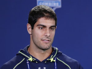 Former Eastern Illinois quarterback Jimmy Garoppolo speaks to the media during the 2014 NFL Combine at Lucas Oil Stadium on February 21, 2014