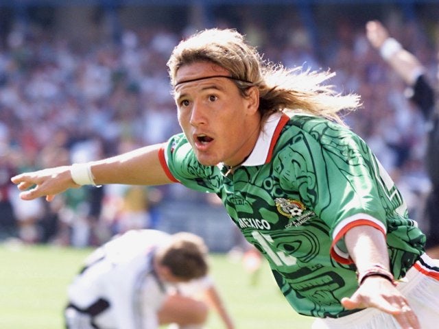 Luis Hernandez celebrates scoring for Mexico against Germany on June 29, 1998.