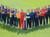 Players from each team pose with the Natwest T20 Blast trophy in Birmingham on April 17, 2014.