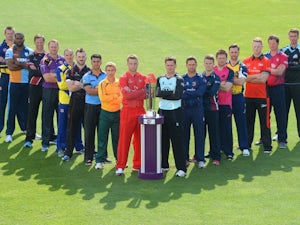 Players from each team pose with the Natwest T20 Blast trophy in Birmingham on April 17, 2014.
