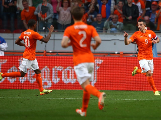 Robin van Persie of Holland celebrates after scoring the teams only goal of the game during the International Friendly match between The Netherlands and Ecuador at The Amsterdam Arena on May 17, 2014