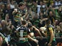 Tom Wood of Northampton Saints celebrates after scoring the last minute match winning try during the Aviva Premiership semi final match between Northampton Saints and Leicester Tigers at Franklin's Gardens on May 16, 2014