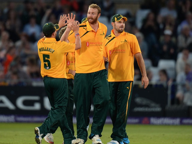 Andy Carter of Nottinghamshire Outlaws celebrates taking the wicket of Jordan Clark of Lancashire Lightning during the NatWest T20 Blast match between Nottinghamshire Outlaws and Lancashire Lightning at Trent Bridge on May 16, 2014