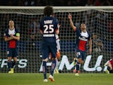 Paris' Brazilian forward Lucas Moura celebrates after scoring a goal during the French L1 football match between Paris Saint-Germain (PSG) and Montpellier (MHSC) on May 17, 2014 