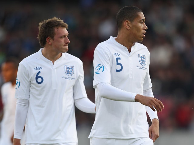 Phil Jones and Chris Smalling of England during the UEFA European Under-21 Championship Group B match between England and Spain at the Herning Stadium on June 12, 2011