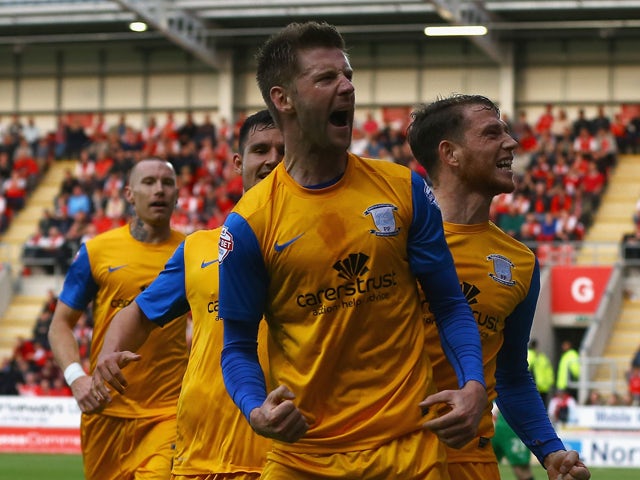 Paul Gallagher of Preston celebrates his goa;l during the Sky Bet League One Play Off Semi Final Second Leg between at Rotherham United and Preston North End at The New York Stadium on May 15, 2014