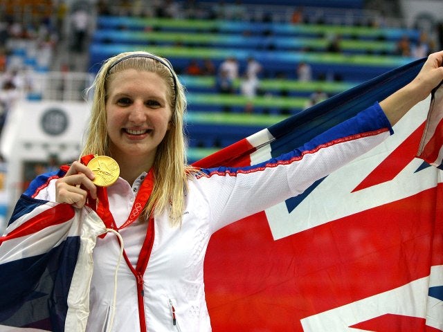 Great Britain's Rebecca Adlington poses with the gold medal that she won at the Beijing Olympics on August 16, 2008.