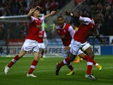 Kieran Agard of Rotherham United celebrates his goal during the Sky Bet League One Play Off Semi Final Second Leg between at Rotherham United and Preston North End at The New York Stadium on May 15, 2014