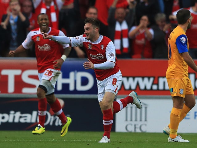 Lee Frecklington of Rotherham United celebrates scoring his teams second goal during the Sky Bet League One Play Off Semi Final Second Leg between at Rotherham United and Preston North End at The New York Stadium on May 15, 2014