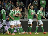 St Etienne's French defender Loic Perrin celebrates after scoring during the French L1 football match Saint-Etienne vs Ajaccio at the Geoffroy-Guichard stadium in Saint-Etienne, central France, on May 17, 2014