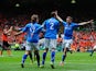 Steven May of St Johnstone celebrates scoring with his team mate, only to have the goal chopped off for handball during The William Hill Scottish Cup Final between St Johnstone and Dundee United at Celtic Park Stadium on May 17, 2014