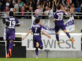 Toulouse's French forward Wissam Ben Yedder celebrates after scoring a goal during the French L1 football match, Toulouse vs Valenciennes in Toulouse, on May 17, 2014