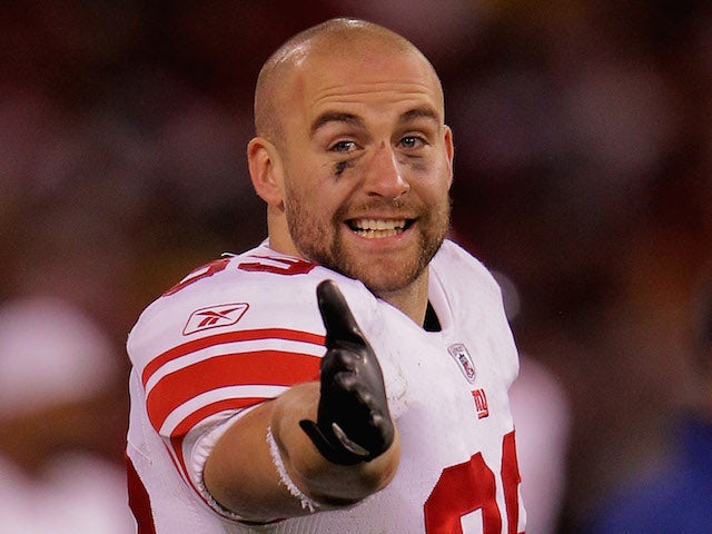 Tyler Sash #39 of the New York Giants reacts after the Giants recovered the ball on a play that they punted it to the San Francisco 49ers on January 22, 2012