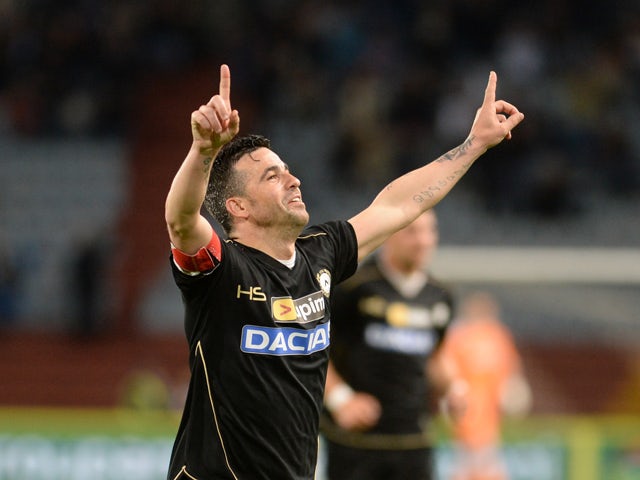 Antonio Di Natale of Udinese Calcio celebrates after scoring his opening goal during the Serie A match between Udinese Calcio and Sampdoria at Stadio Friuli on May 17, 2014