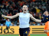 Barcelona's Andres Iniesta celebrates scoring the winner for Spain in the World Cup final on July 11, 2010.