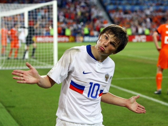 Russian striker Andrey Arshavin celebrates scoring against Holland on June 21, 2008.