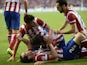 Atletico Madrid's players celebrate after scoring during the UEFA Champions League Final Real Madrid vs Atletico de Madrid at Luz stadium in Lisbon, on May 24, 2014