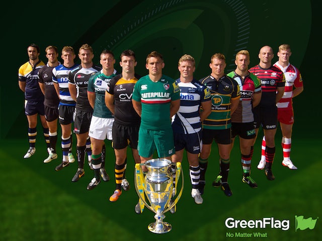 Aviva Premiership players stand with the trophy for a Green Flag advert