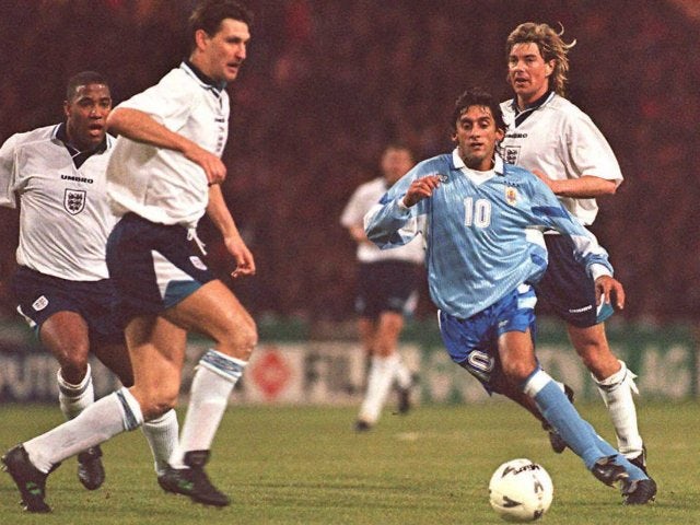 Uruguay international Enzo Francescoli in action against England on March 29, 1995.
