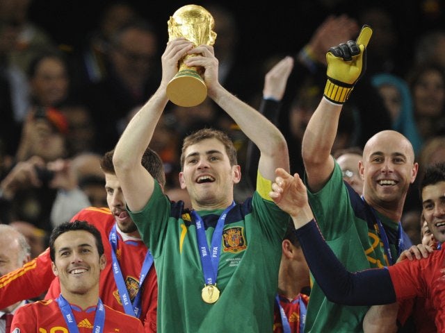 Goalkeeper and captain Iker Casillas lifts the World Cup for Spain on July 11, 2010.