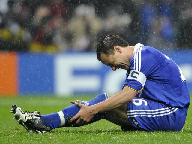 Chelsea captain John Terry slips after taking a penalty during the Champions League final on May 21, 2008.