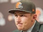 Cleveland Browns draft pick Johnny Manziel answers questions during a press conference at the Browns training facility on May 9, 2014