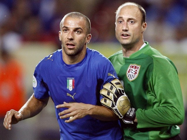 USA goalkeeper Kasey Keller battles for space with Italy striker Alessandro Del Piero on June 17, 2006.