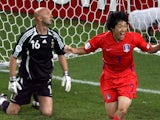 Former Manchester United midfielder Park Ji-sung celebrates scoring for South Korea against France on June 18, 2006.