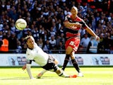  Bobby Zamora of QPR scores the winning goal during the Sky Bet Championship Playoff Final match between Derby County and Queens Park Rangers at Wembley Stadium on May 24, 2014