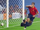 Spain centre-forward celebrates scoring for a second time against South Africa on June 12, 2002.
