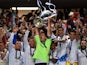 Iker Casillas of Real Madrid lifts the Champions League trophy during the UEFA Champions League Final between Real Madrid and Atletico de Madrid at Estadio da Luz on May 24, 2014