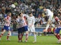 Real Madrid's defender Sergio Ramos scores during the UEFA Champions League Final Real Madrid vs Atletico de Madrid at Luz stadium in Lisbon, on May 24, 2014