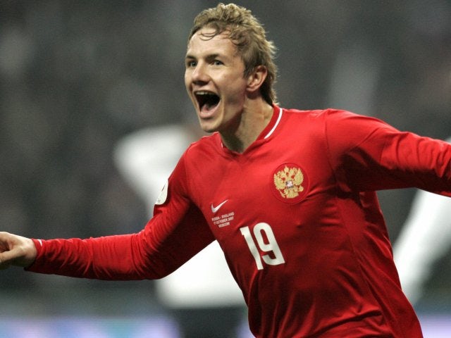 Roman Pavlyuchenko celebrates scoring for Russia against England on October 17, 2007.