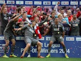 Players of Rotherham United celebrate victory during the Sky Bet League One Playoff Final between Leyton Orient and Rotherham United at Wembley Stadium on May 25, 2014