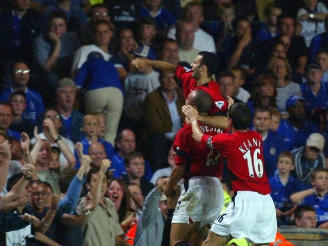 Ryan Giggs celebrates scoring for Manchester United against Chelsea on August 23, 2002.