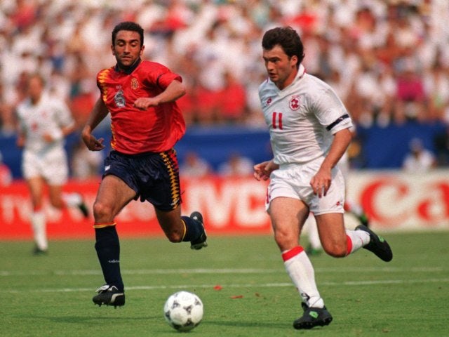 Stephane Chapuisat in action for Switzerland against Spain at the World Cup on July 03, 1994.