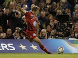 Toulon's English fly-half Jonny Wilkinson kicks a try conversion during the European Cup final rugby union match between RC Toulon and Saracens at The Millennium Stadium in Cardiff, South Wales, on May 24, 2014
