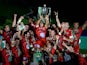 Toulon's English fly-half Jonny Wilkinson raises the European Cup as Toulon celebrate after winning the final rugby union match between RC Toulon and Saracens at The Millennium Stadium in Cardiff, South Wales, on May 24, 2014