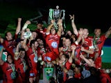 Toulon's English fly-half Jonny Wilkinson raises the European Cup as Toulon celebrate after winning the final rugby union match between RC Toulon and Saracens at The Millennium Stadium in Cardiff, South Wales, on May 24, 2014
