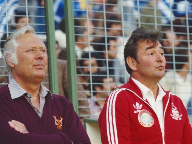 Brian Clough and Peter Taylor sit on the touchline prior to Nottingham Forest's European Cup final against Malmo on May 30, 1979.