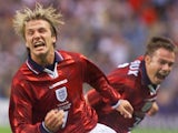 David Beckham celebrates scoring for England against Colombia on June 26, 1998.