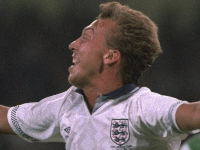 David Platt celebrates scoring for England at the World Cup on July 01, 1990.