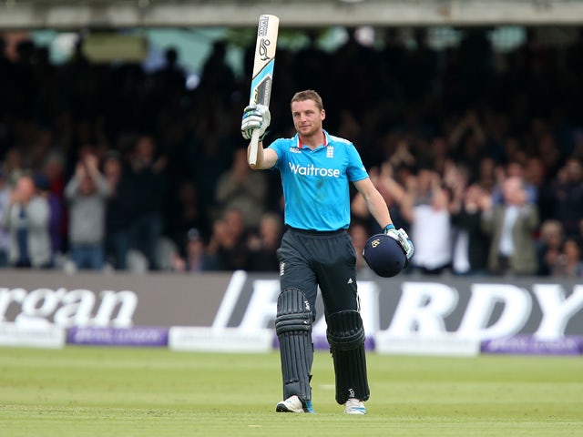 Jos Buttler of England celebrates his century during the 4th Royal London One Day International match between England and Sri Lanka at Lord's Cricket Ground on May 31, 2014