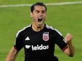 Fabian Espindola #9 of D.C. United celebrates after scoring a goal against the Houston Dynamo during the second half at RFK Stadium on May 21, 2014 