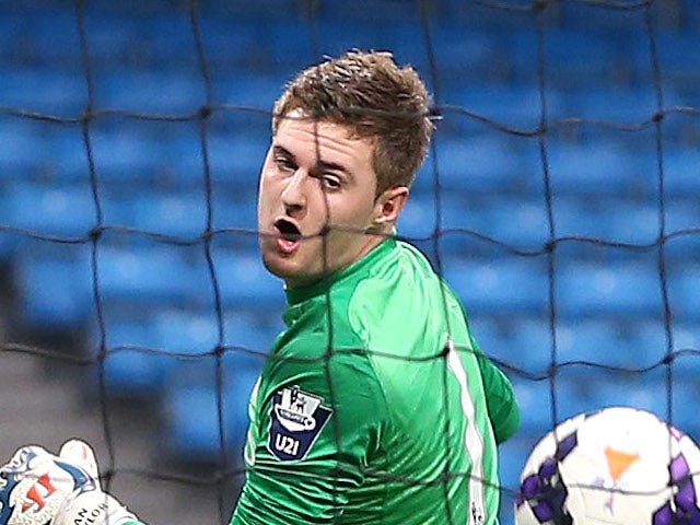 Ian lawlor, Goalkeeper of Manchester City for the opening goal during the Barclays U21 Premier League match on May 1, 2014
