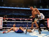James Degale in action with Brandon Gonzalez during their IBF World Super Middleweight Final Eliminator bout at Wembley Stadium on May 31, 2014