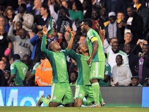 Nigeria's striker Michael Uchebo celebrates scoring the equalising goal during the international friendly football match between Nigeria and Scotland at Craven Cottage in London on May 28, 2014