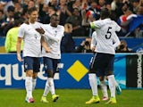 France's players forward Olivier Giroud, forward Blaise Matuidi and defender Mamadou Sakho celebrate after Giroud scored a goal during a friendly football match against Norway on May 27, 2014
